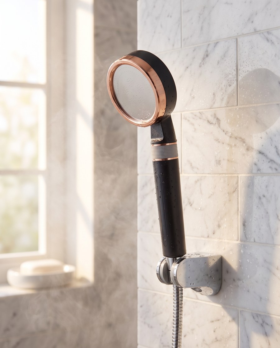 BOTANVÈ Black shower filter head installed in a modern bathroom