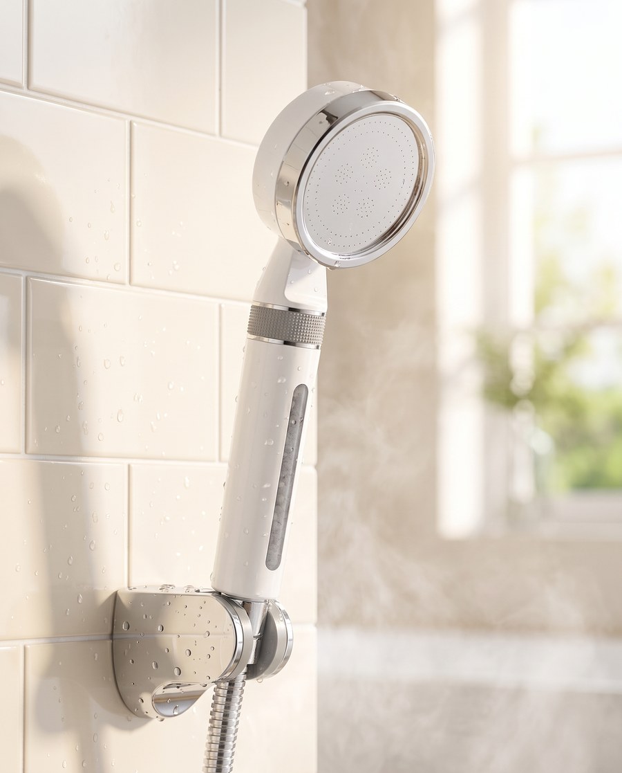 BOTANVÈ White shower filter head installed in a bright bathroom