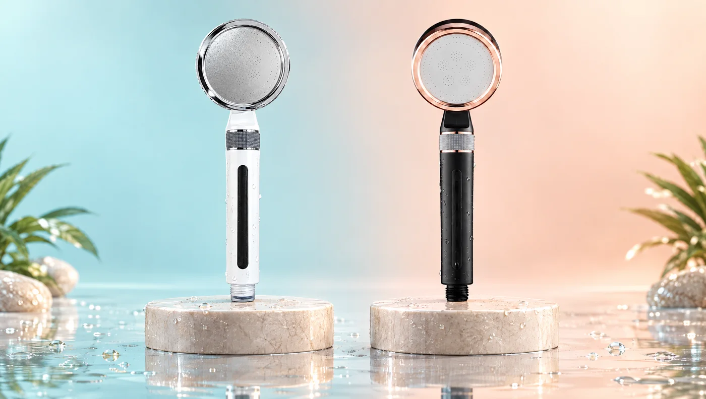 White and chrome and black and rose gold Botanve shower heads side by side